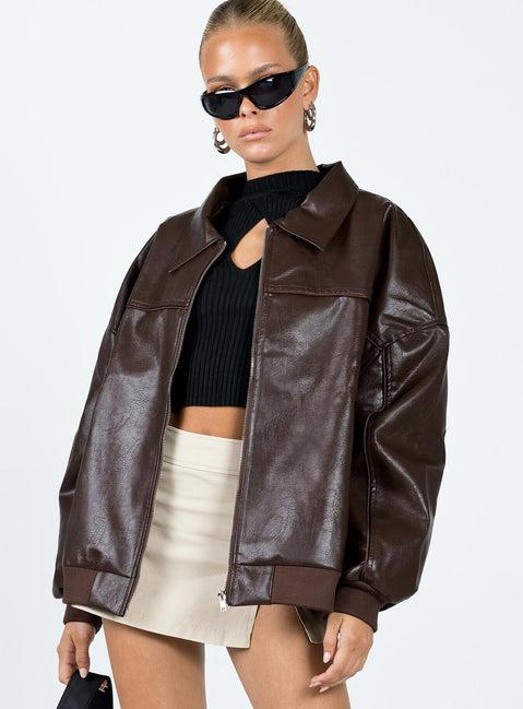 Goldsmith Faux Leather Bomber Jacket Brown Product Image
