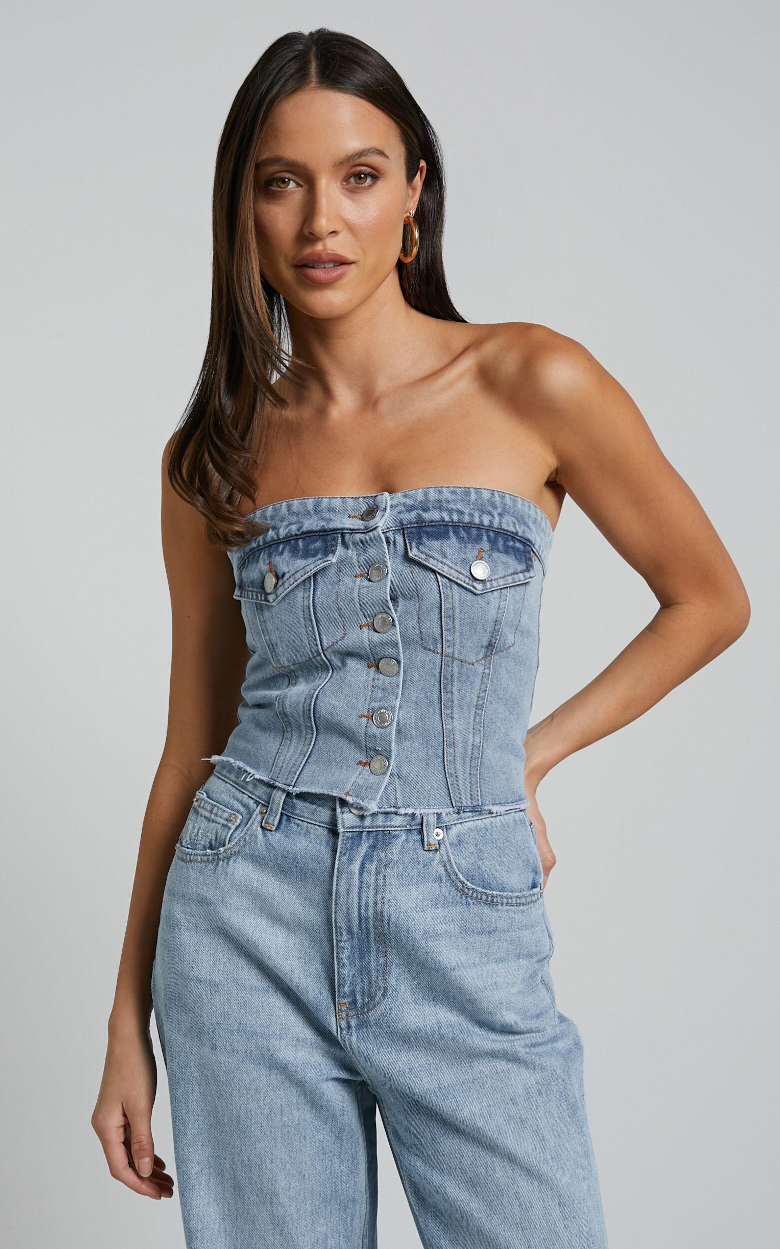 Aubrielle Bustier - Denim Bustier with Pocket Details in Indigo Wash Product Image