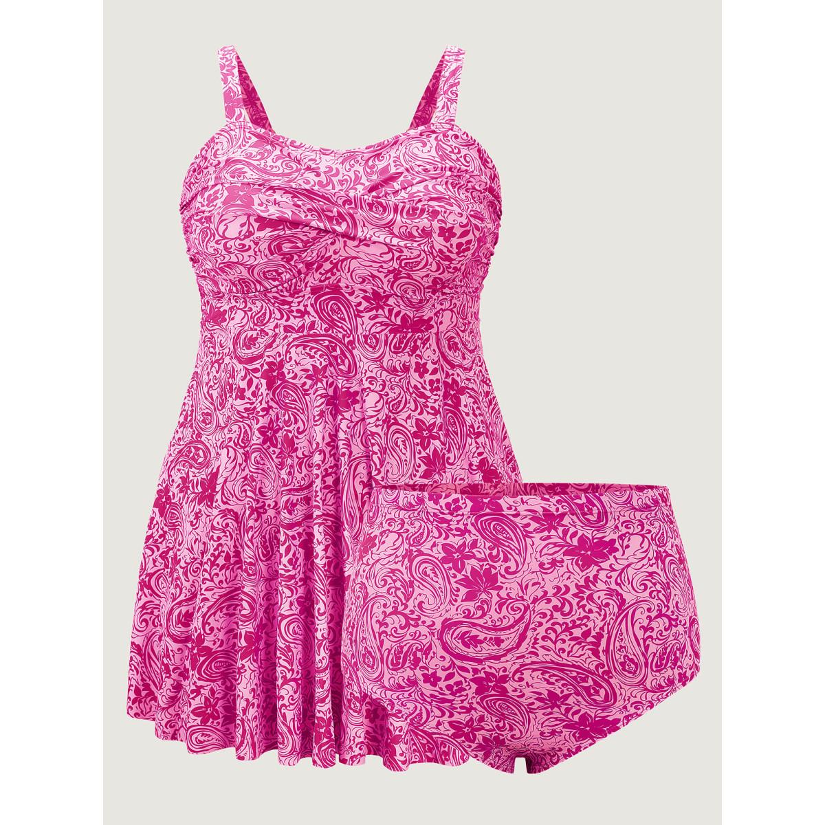 Plus Size Paisley Print Twist Front Swim Dress Women's Swimwear Greenbean Resort Bodycon U-neck High stretch Curve Swim Dresses BloomChic 30/6X Product Image