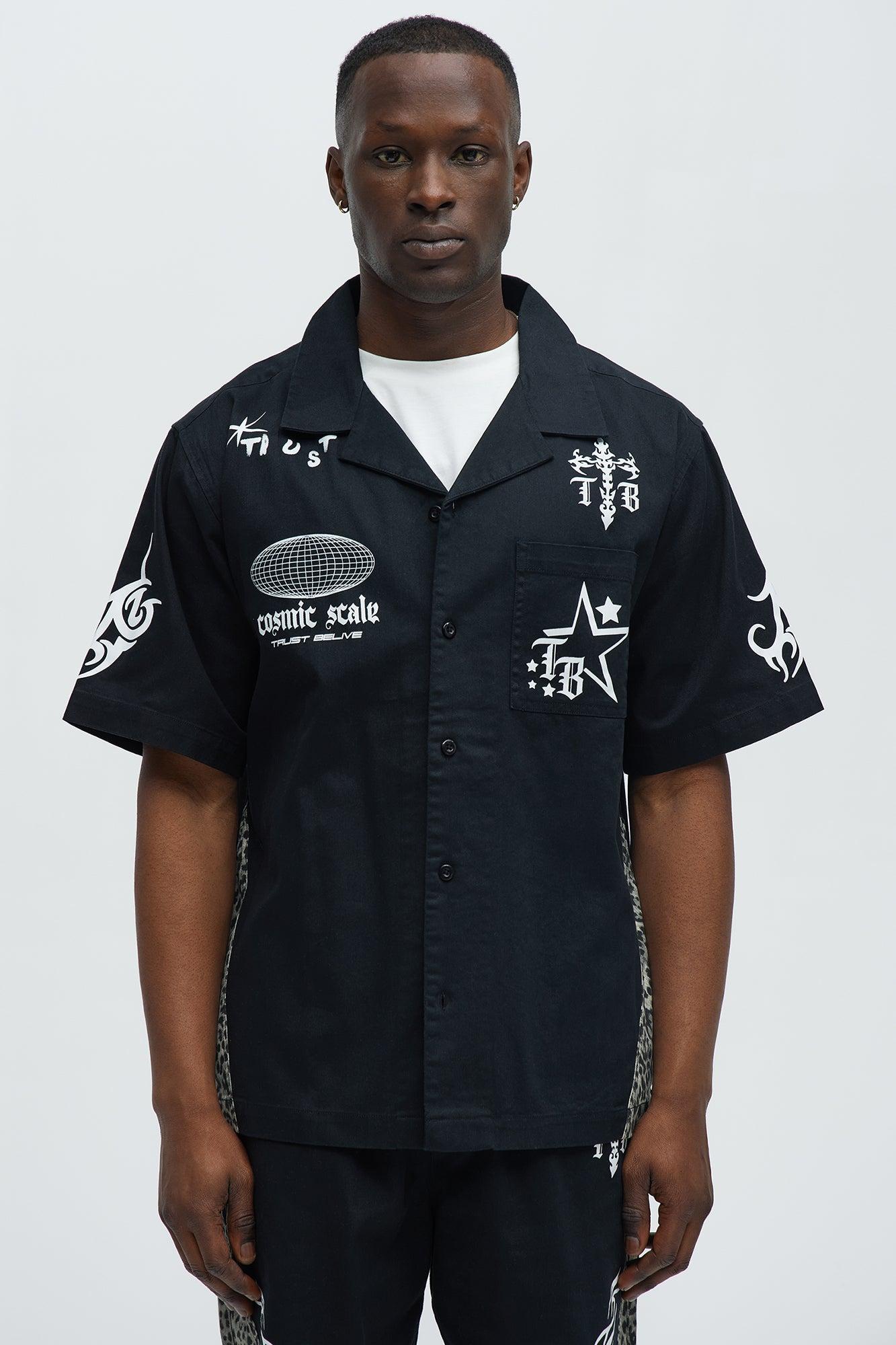 Cosmic Distortion Animal Print Short Sleeve Button Up Shirt - Black/combo Product Image