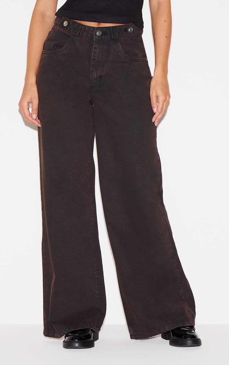 Dark Chocolate Mid Rise Button Waistband Wide Leg Jeans Product Image