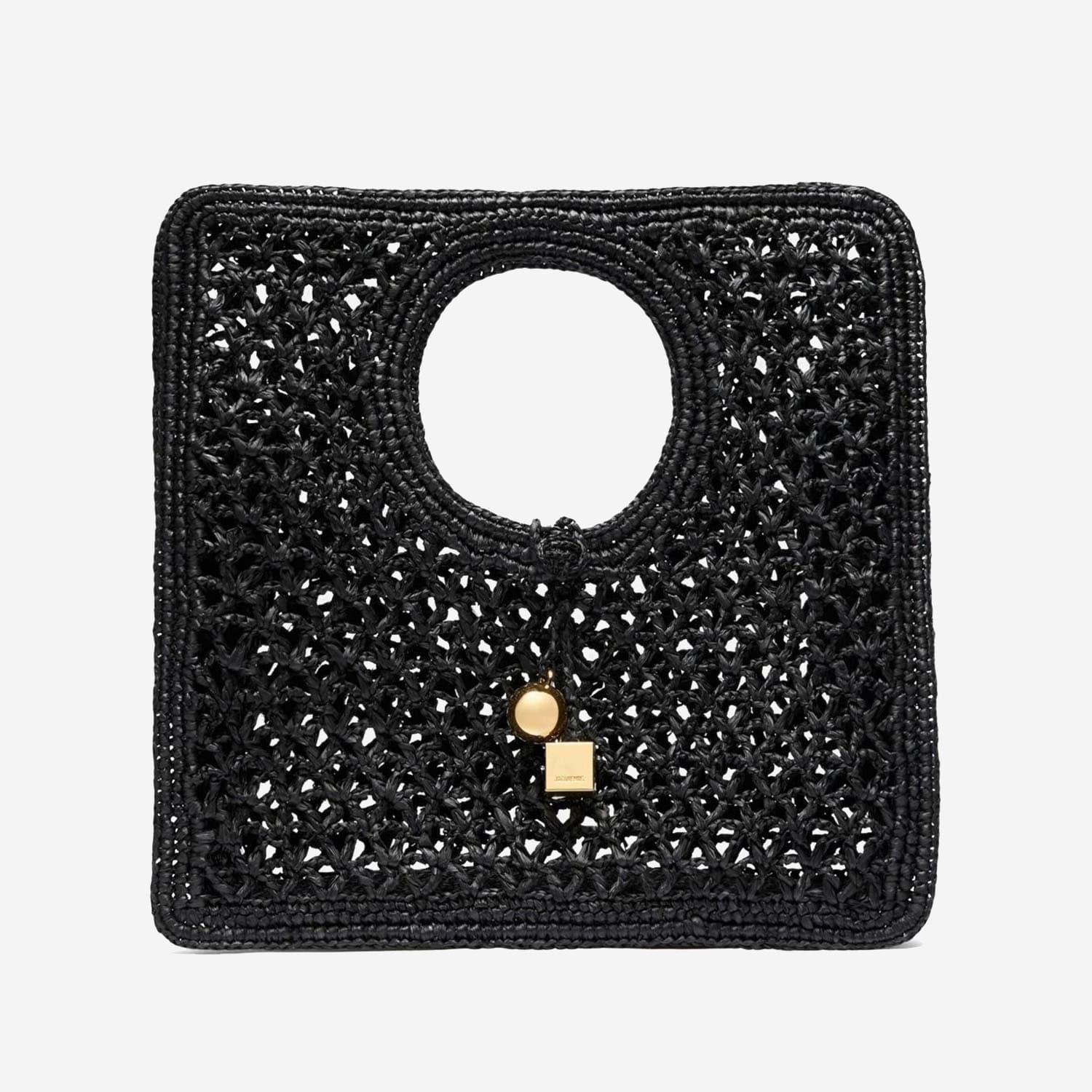 JACQUEMUS Carre Spiaggia Embellished Braided Raffia Tote In Black Product Image