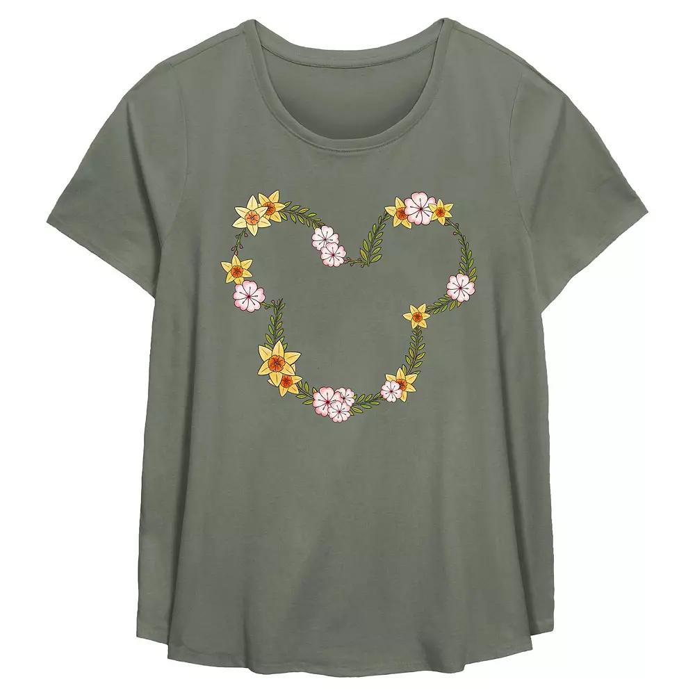 Disney's Mickey Mouse Floral Wreath Plus Size Flowy Graphic Tee, Women's, Size: 0X, Green Product Image