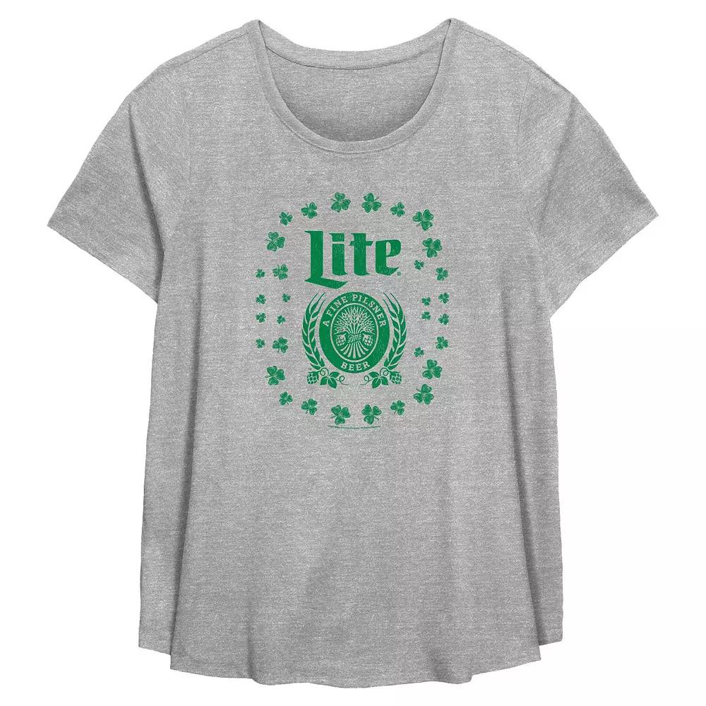 Plus Size Miller Lite Shamrock Logo Day Flowy Graphic Tee, Women's, Size: 2XL, Grey Gray Product Image