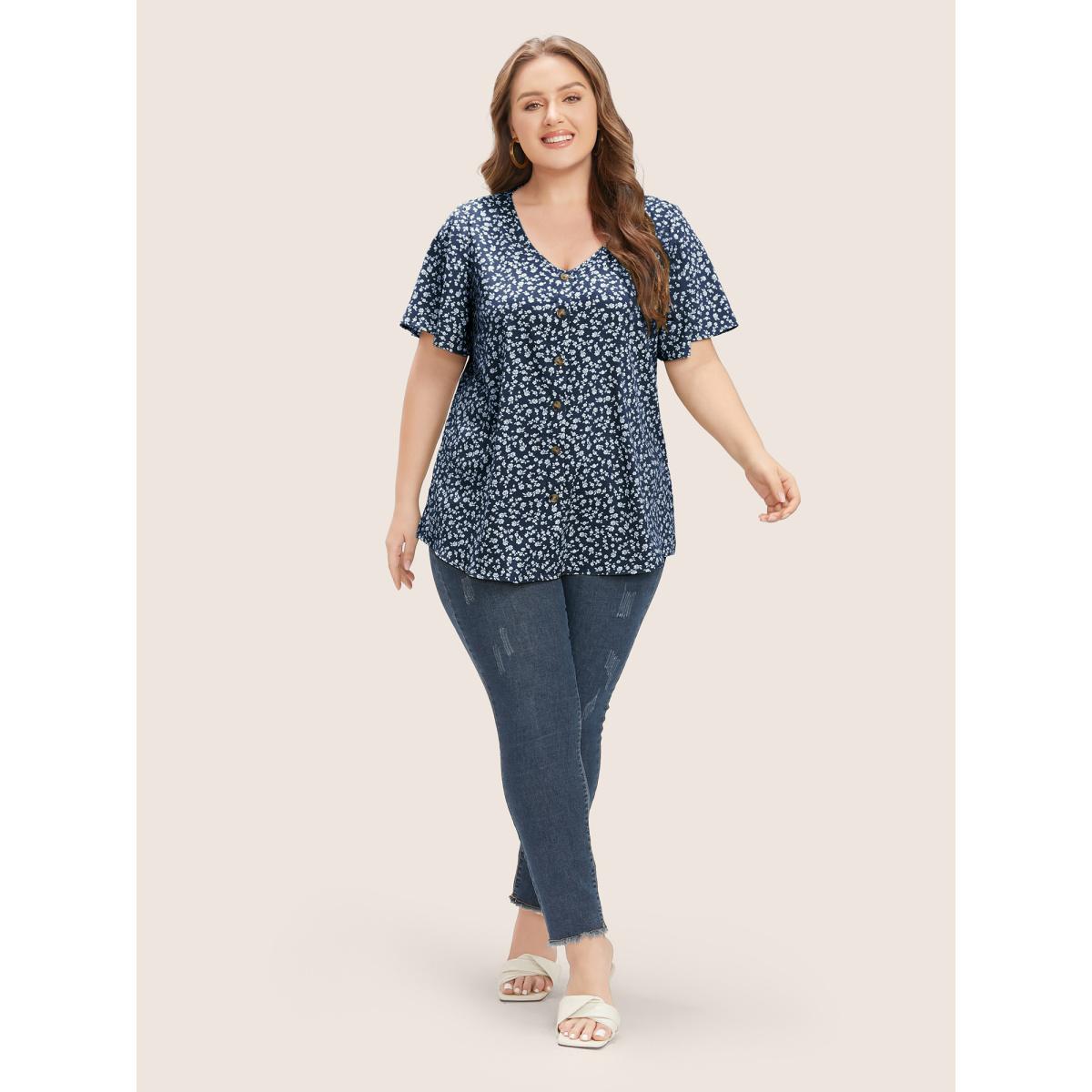 Plus Size Indigo Ditsy Floral Ruffle Sleeve Button Detail Blouse Women Elegant Short sleeve V-neck Everyday Blouses BloomChic 30/6X Product Image