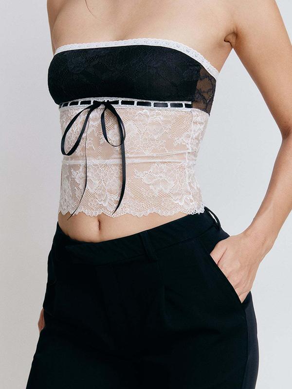Lace Splice Tie Front Bandeau Top Product Image