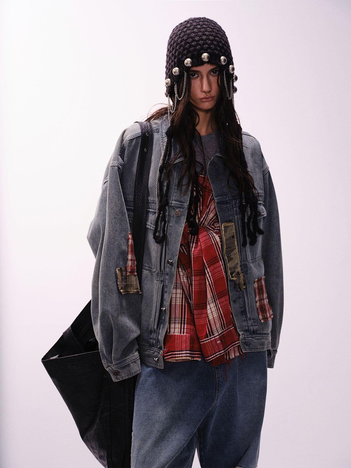 Aelfric Eden Plaid Patchwork Denim Jacket Product Image