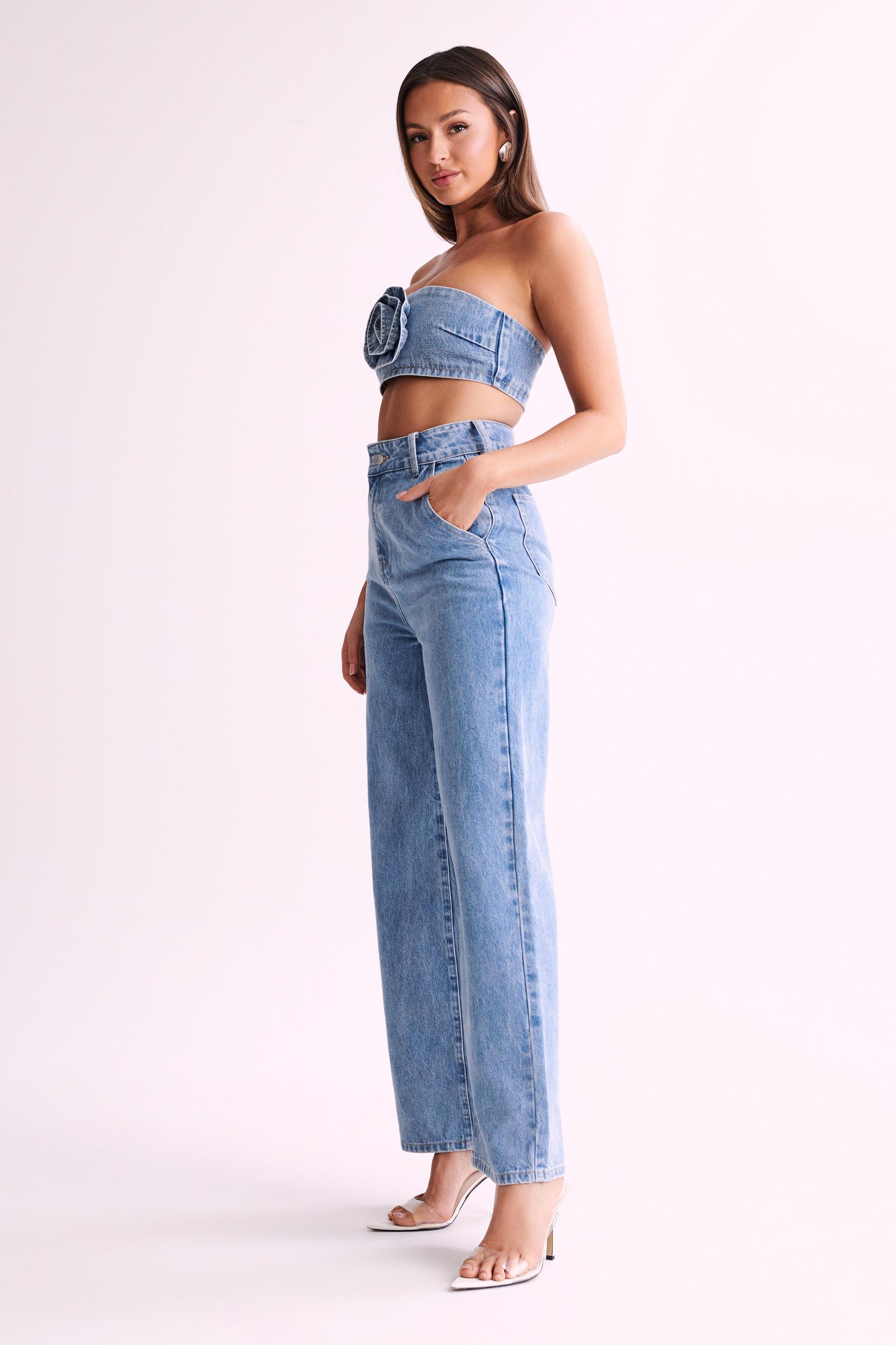 Roxy Wide Leg High Waist Denim Jeans - Mid Blue Product Image