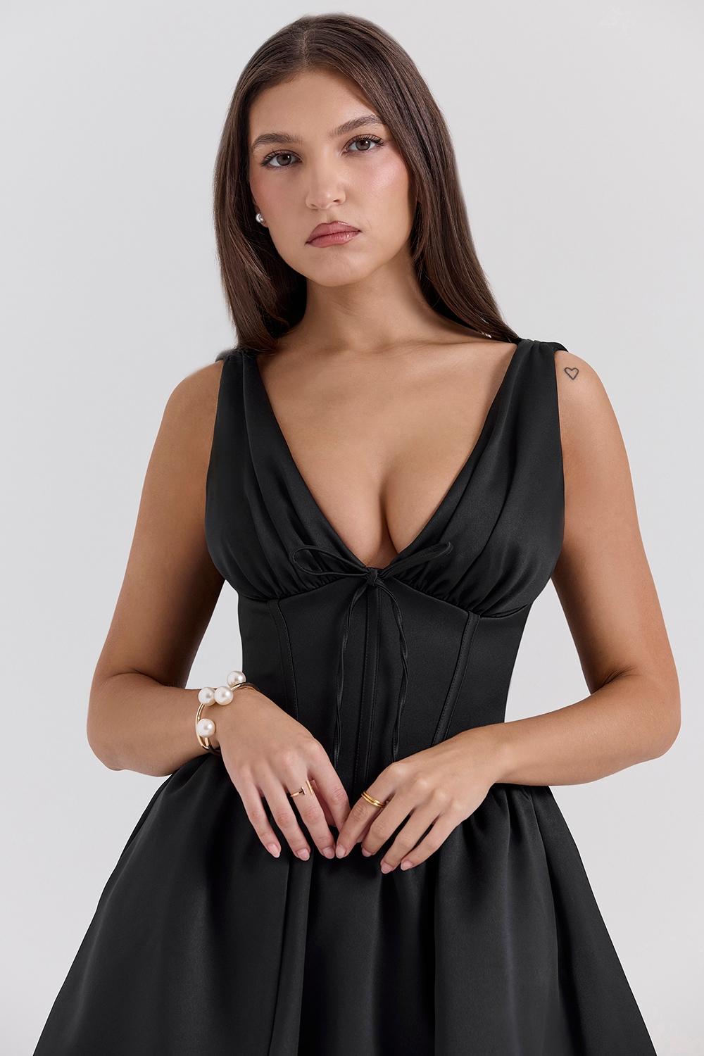 Emmeliette  black satin mini dress - sale Product Image