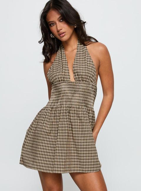 Juanette Halter Mini Dress Brown Check Product Image
