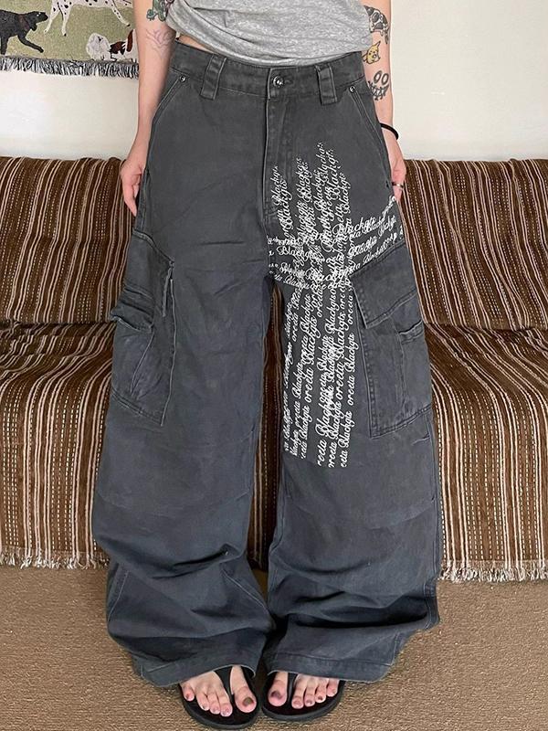 Multi-Pocket Letter Print Boyfriend Jeans Product Image