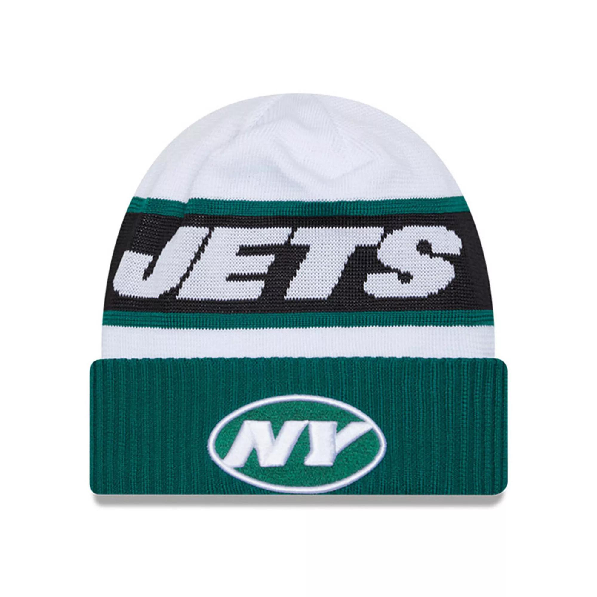 Men's New Era  White/Green New York Jets 2023 Sideline Tech Cuffed Knit Hat Product Image