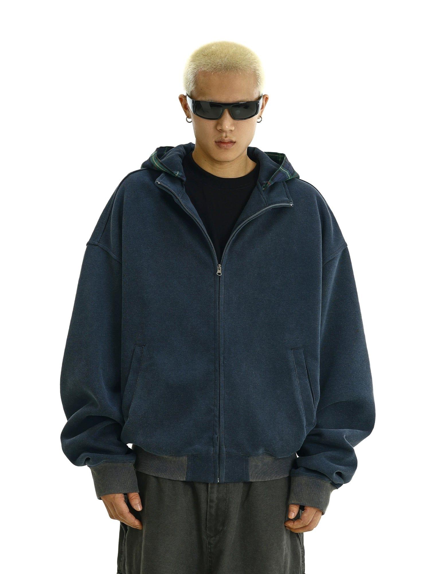 RT No. 11624 BLUE PLAID HOODED ZIP-UP HOODIE Product Image