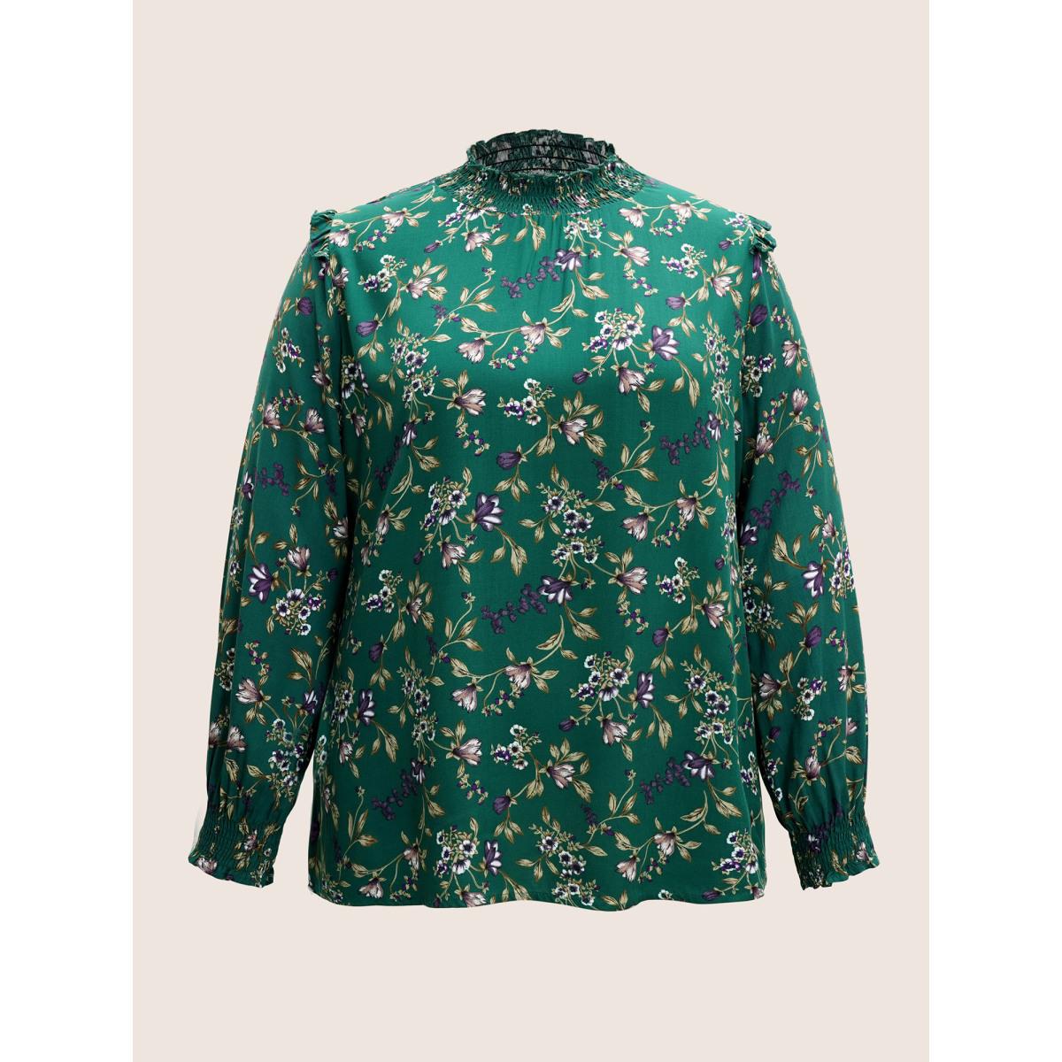 Plus Size DarkGreen Floral Lantern Sleeve Shirred Mock Neck Blouse Women Elegant Long Sleeve Mock Neck Everyday Blouses BloomChic 22-24/3X Product Image