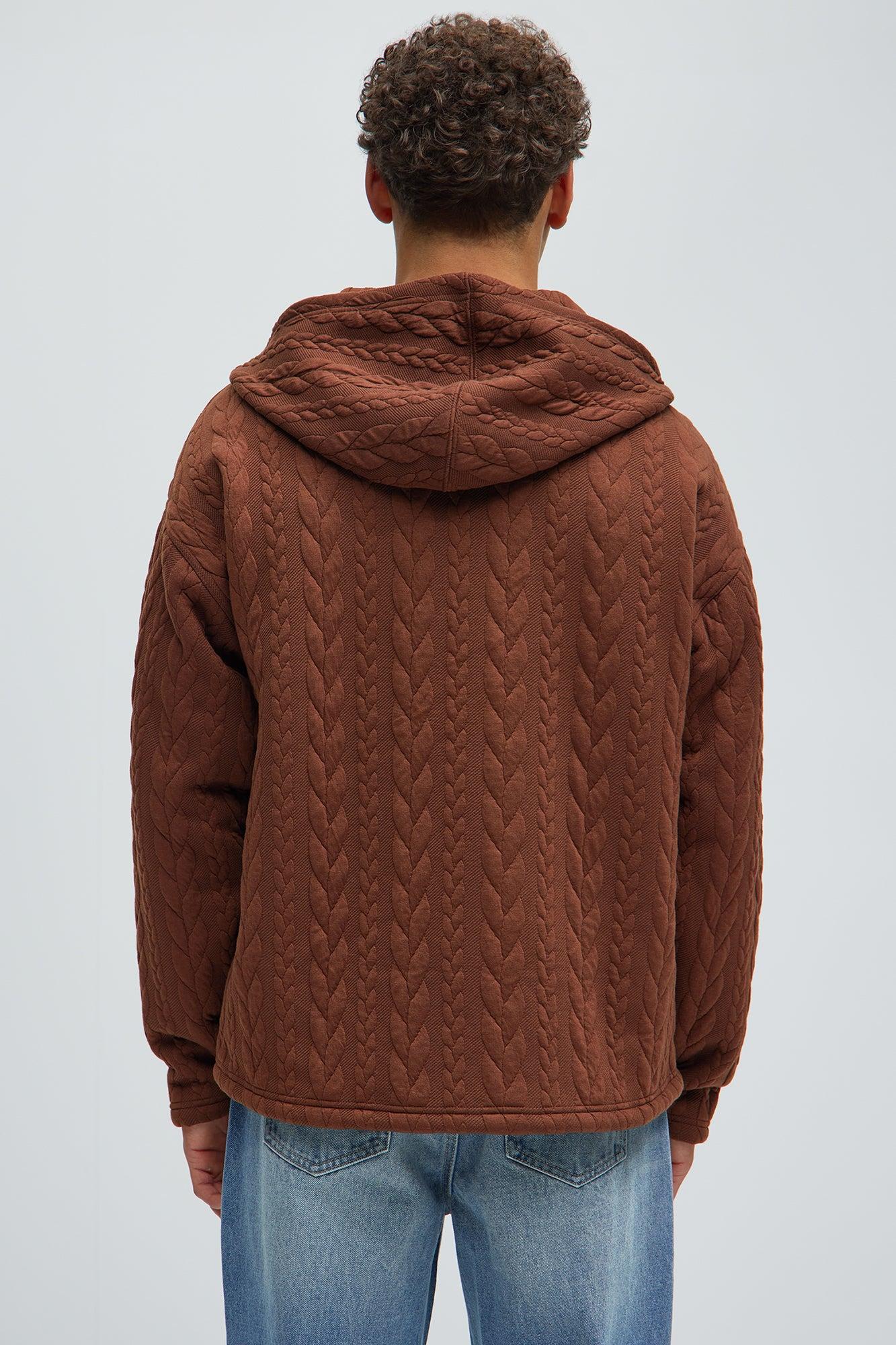 Lane Cable Knit Zip Up Hoodie - Brown Product Image