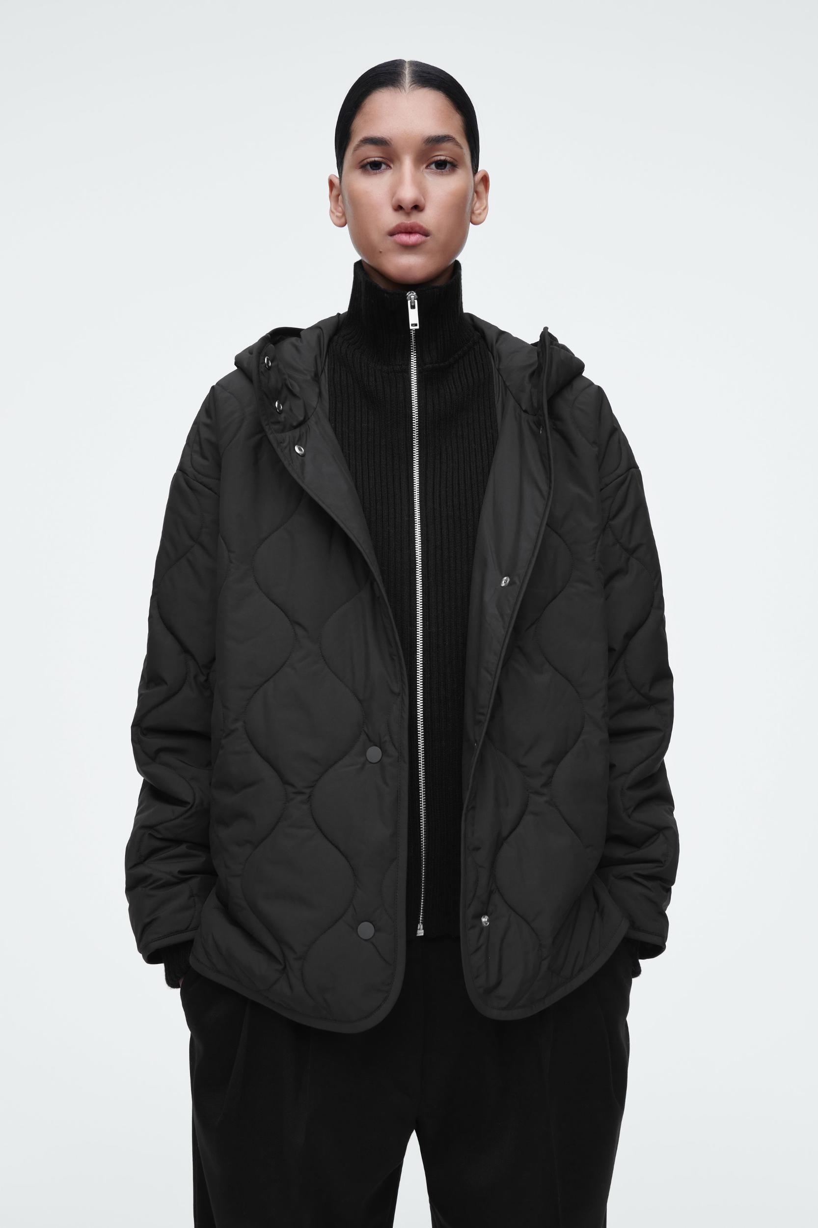 QUILTED HOODED FUNNEL-NECK JACKET Product Image