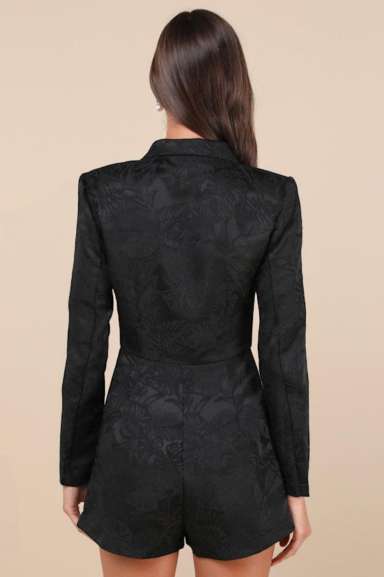 Confident Sophistication Black Jacquard Collared Blazer Romper Product Image
