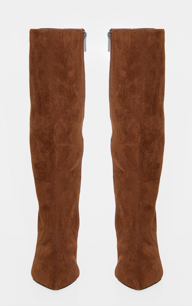 Chocolate Faux Suede Point Toe Mid Heeled Knee High Boots Product Image