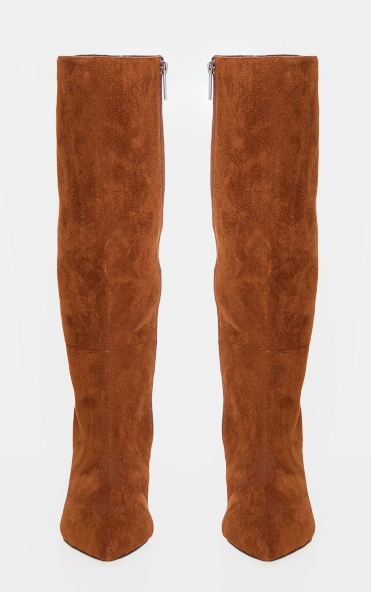 Chocolate Faux Suede Point Toe Mid Heeled Knee High Boots Product Image