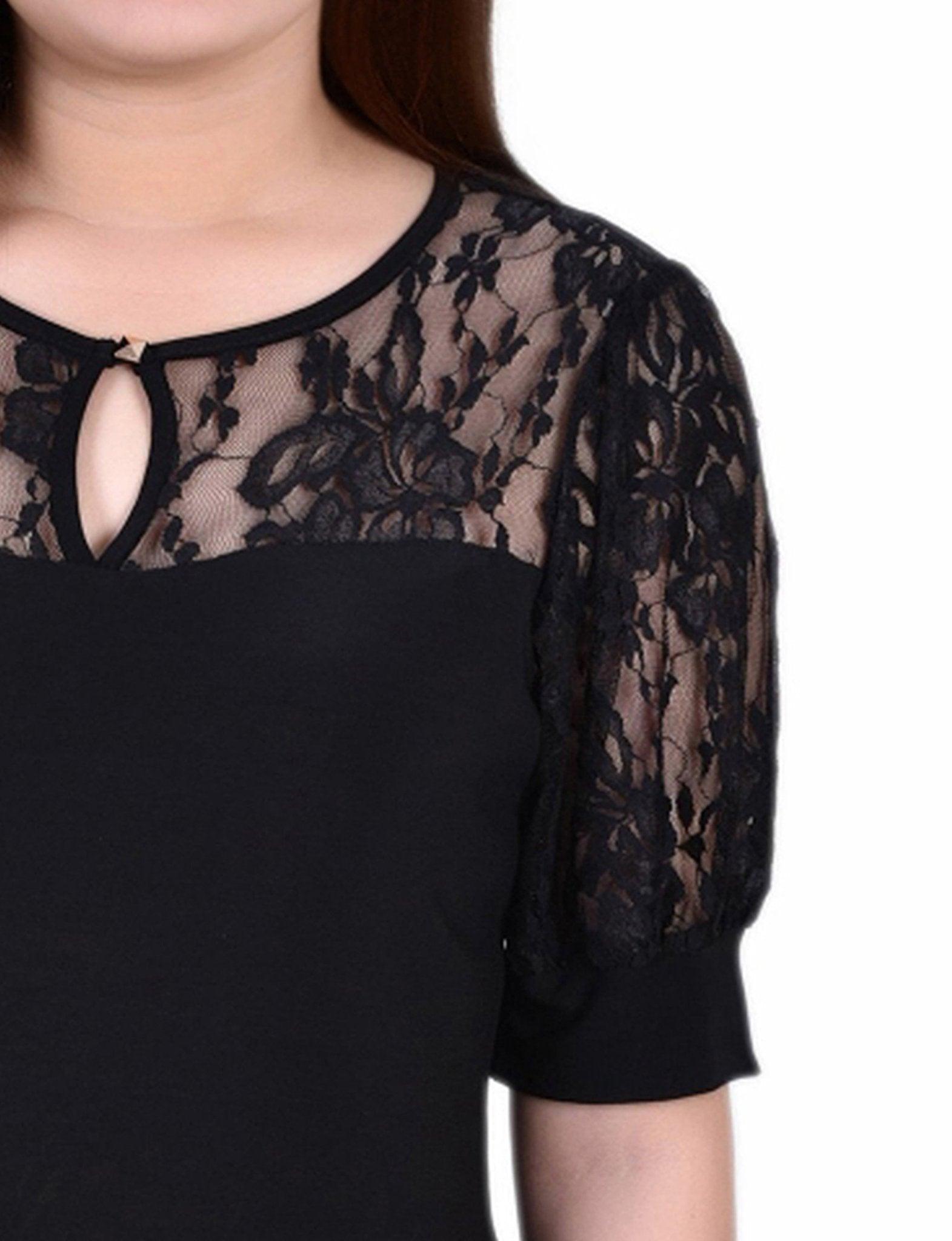 Black Short Puff Sleeve Top With Lace Sleeves And Yoke Product Image