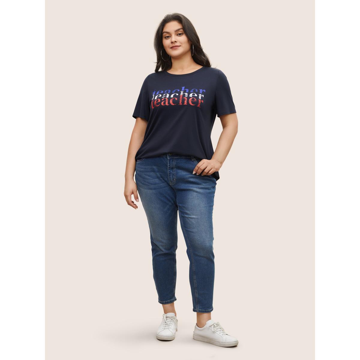 Plus Size Letter Print Contrast Round Neck T-shirt Midnight Women Casual Non Art&design Everyday T-shirts BloomChic 12/L Product Image