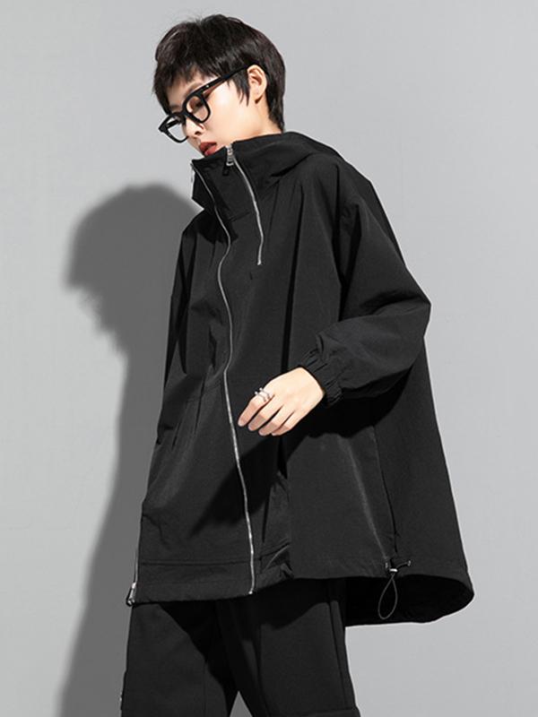 Fashion Irregularity Loose Solid Color Zipper Hooded Outerwear Product Image