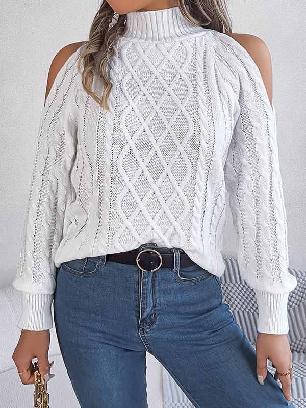 Long Sleeves Loose Hollow Solid Color Cold Shoulder Pullovers Sweater Tops Product Image