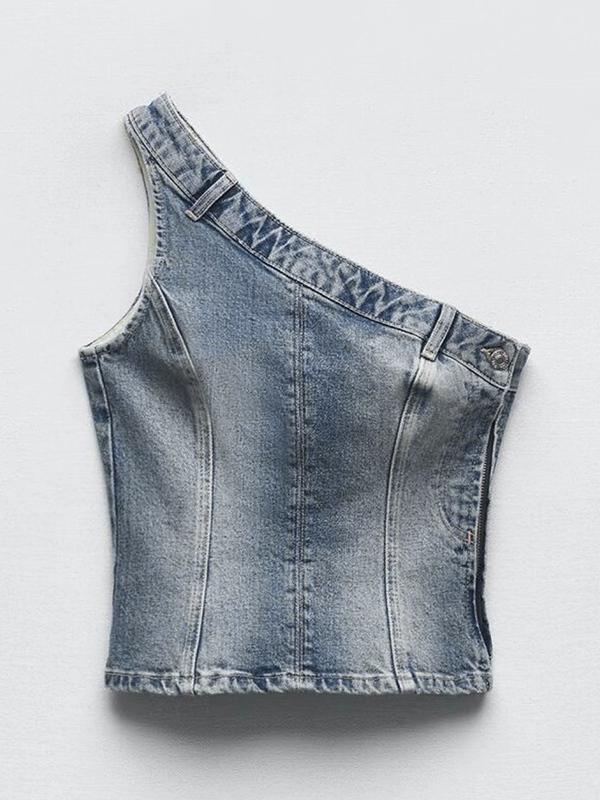 Vintage Denim One Shoulder Slim Bandeau Top Product Image