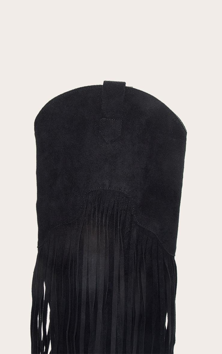 Black Faux Suede Point Toe Fringed Heel Knee High Western Boots Product Image
