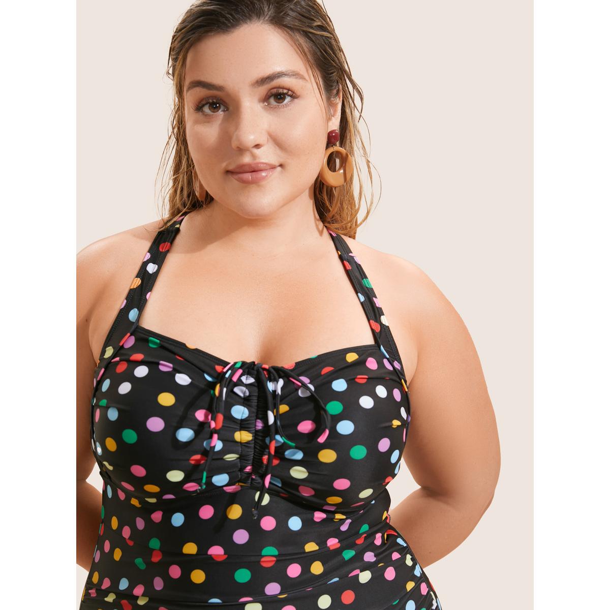 Plus Size Colored Polka Dot Ties Ruched One Piece Swimsuit Women's Swimwear Black Beach Tie knot Curve Bathing Suits High stretch One Pieces BloomChic 28/5X Product Image