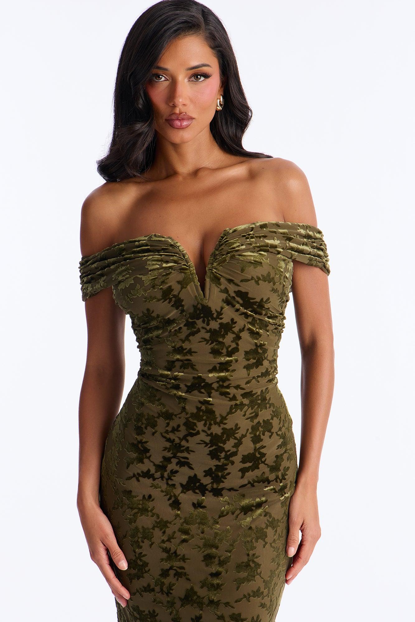 Milena Flocked Mesh Midi Dress - Olive Female Product Image
