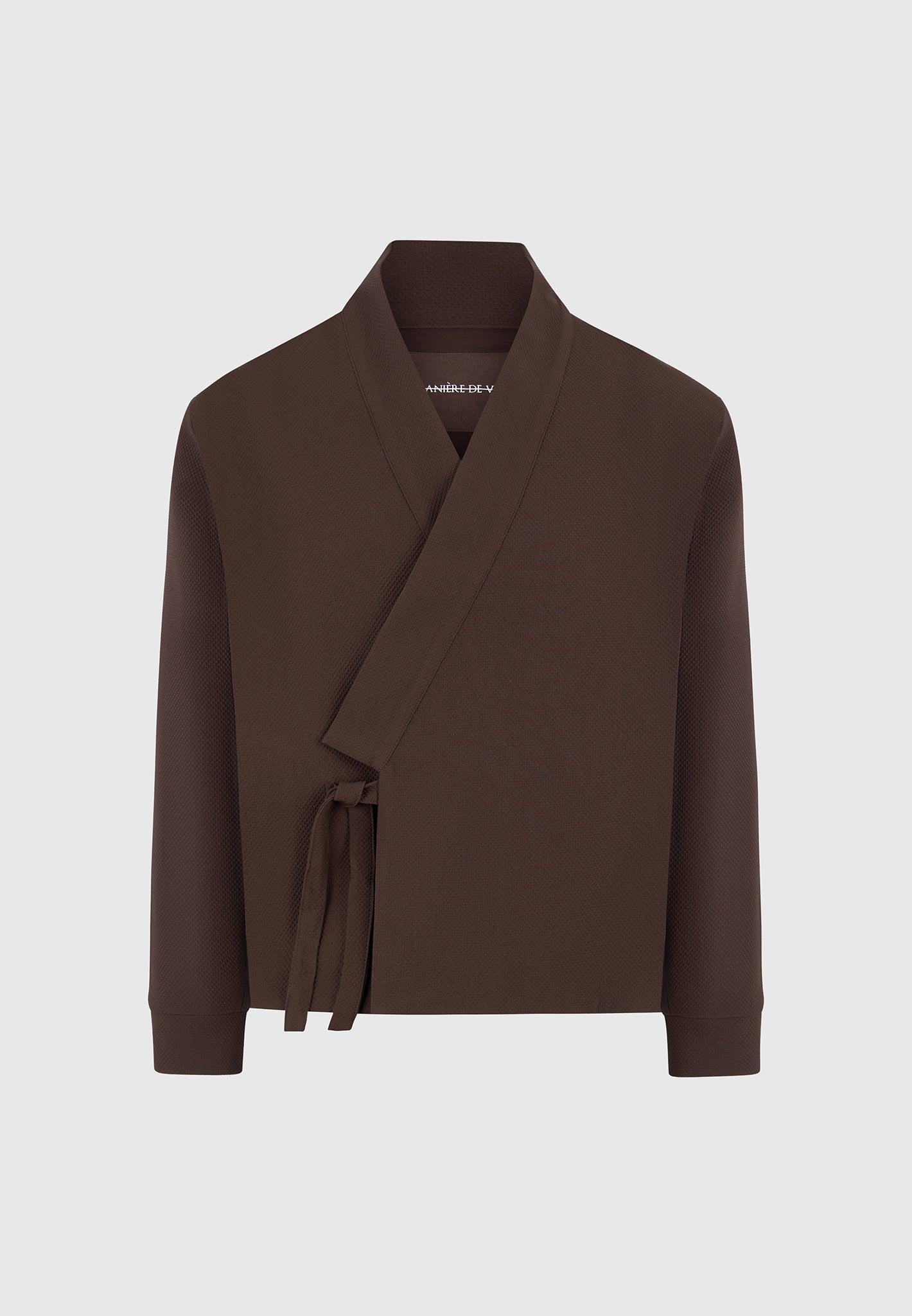 Robin - Textured Kimono Wrap Jacket - Brown Male Product Image