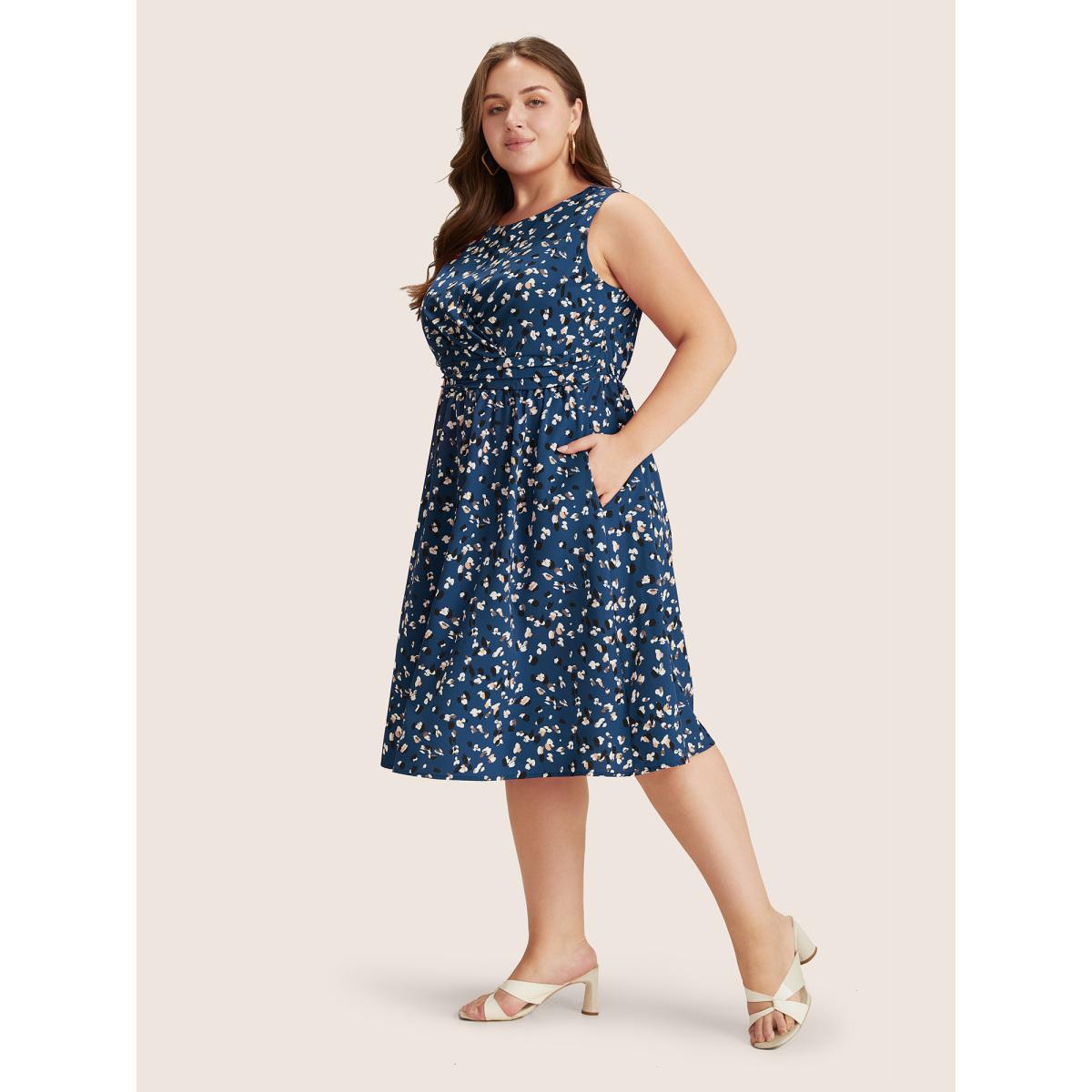 Plus Size Allover Print Pocket Flutter Crossover Ruched Tank Dress Burgundy Women Elegant Twist Round Neck Sleeveless Curvy Midi Dress BloomChic 30/6X Product Image