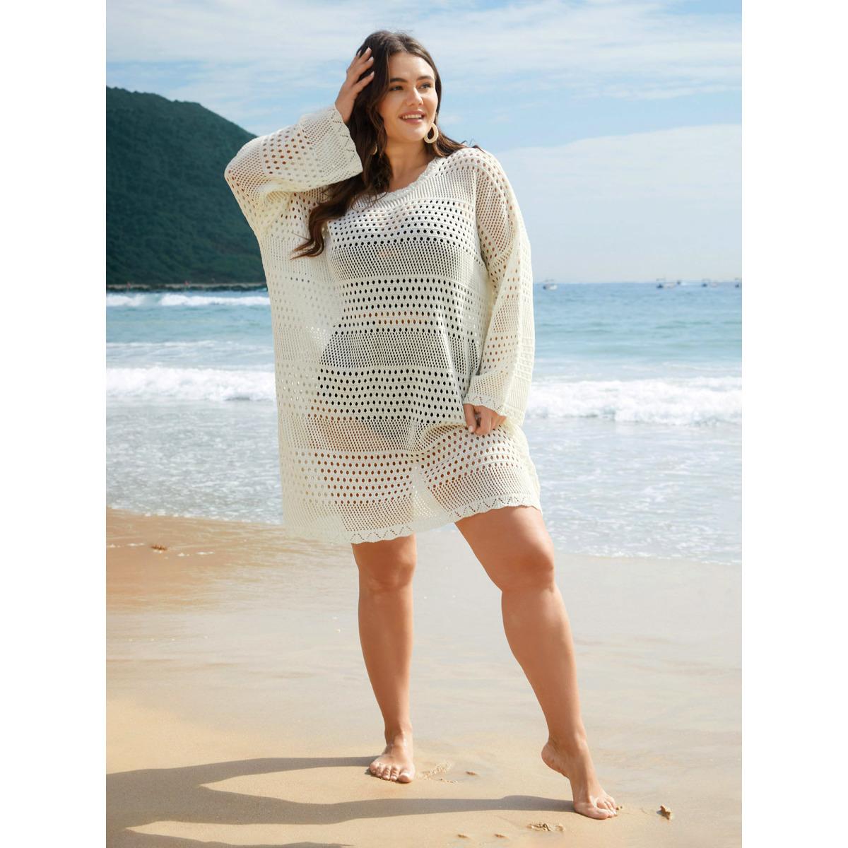 Plus Size Cut-Out Plain Round Neck Swim Cover-Up Women's Swimwear Ivory Beach Loose Cut-Out Curve Swim Cover Ups BloomChic 12/L Product Image