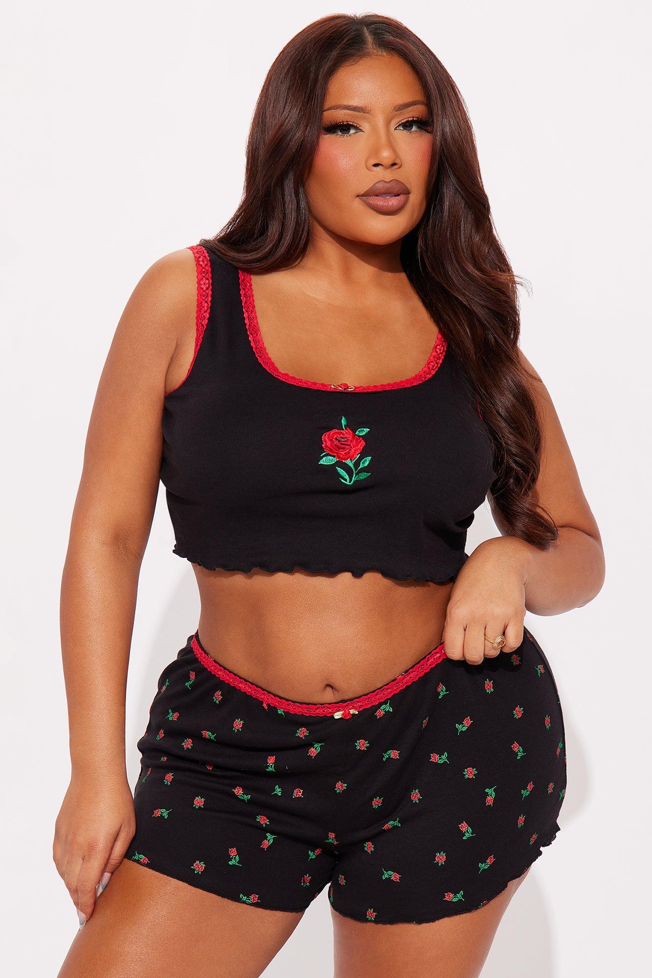 Rose Petals Ribbed PJ Short Set - Black/Red Female Product Image