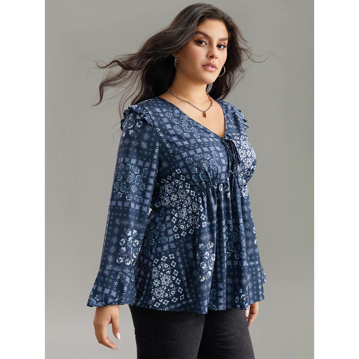 Plus Size Stone Bandana Print Bowknot Frill Trim Blouse Women Elegant Long Sleeve V-neck Dailywear Blouses BloomChic 26/4X Product Image