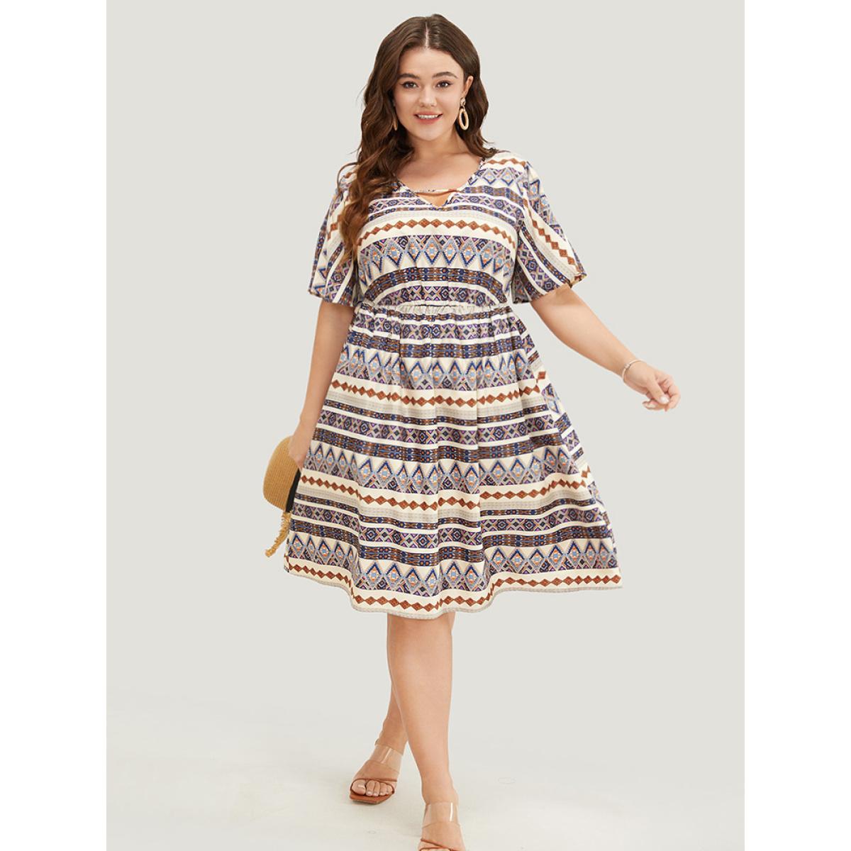 Plus Size Bandana Print Pocket Ruffle Keyhole Knee Dress Multicolor Women Vacation Keyhole V-neck Short sleeve Curvy Knee Dress BloomChic 28/5X Product Image
