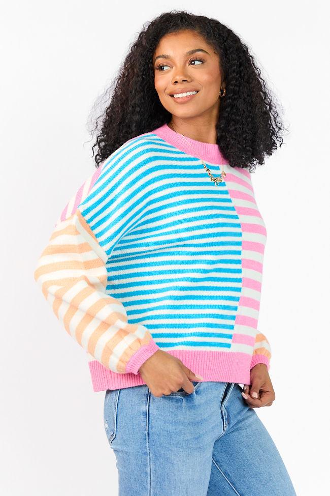Delightful Days Blue, Pink, and Orange Multi Color Block Striped Sweater FINAL SALE Product Image