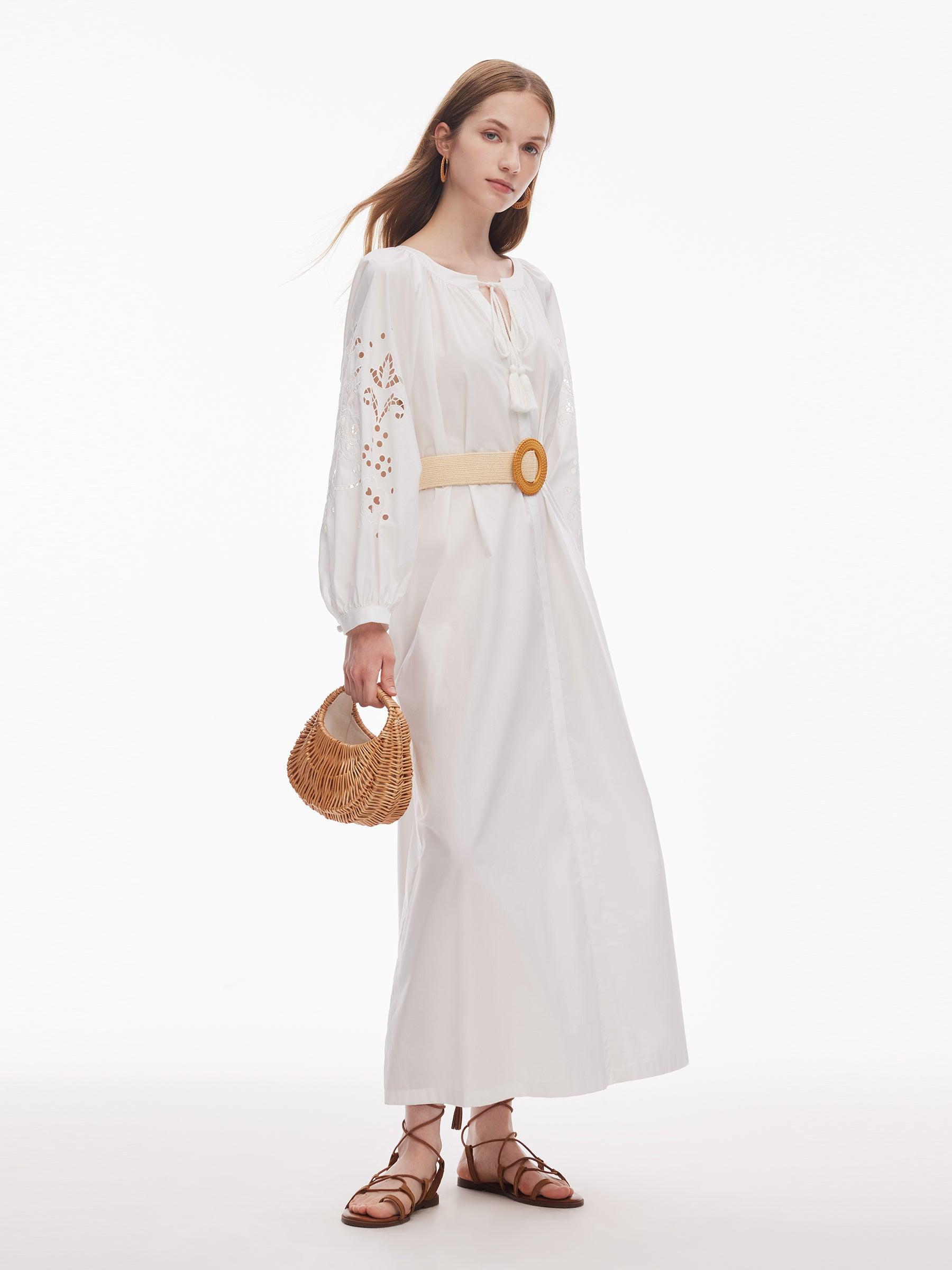 100% Cotton Embroidered Women Long Sleeve Maxi Dress Product Image