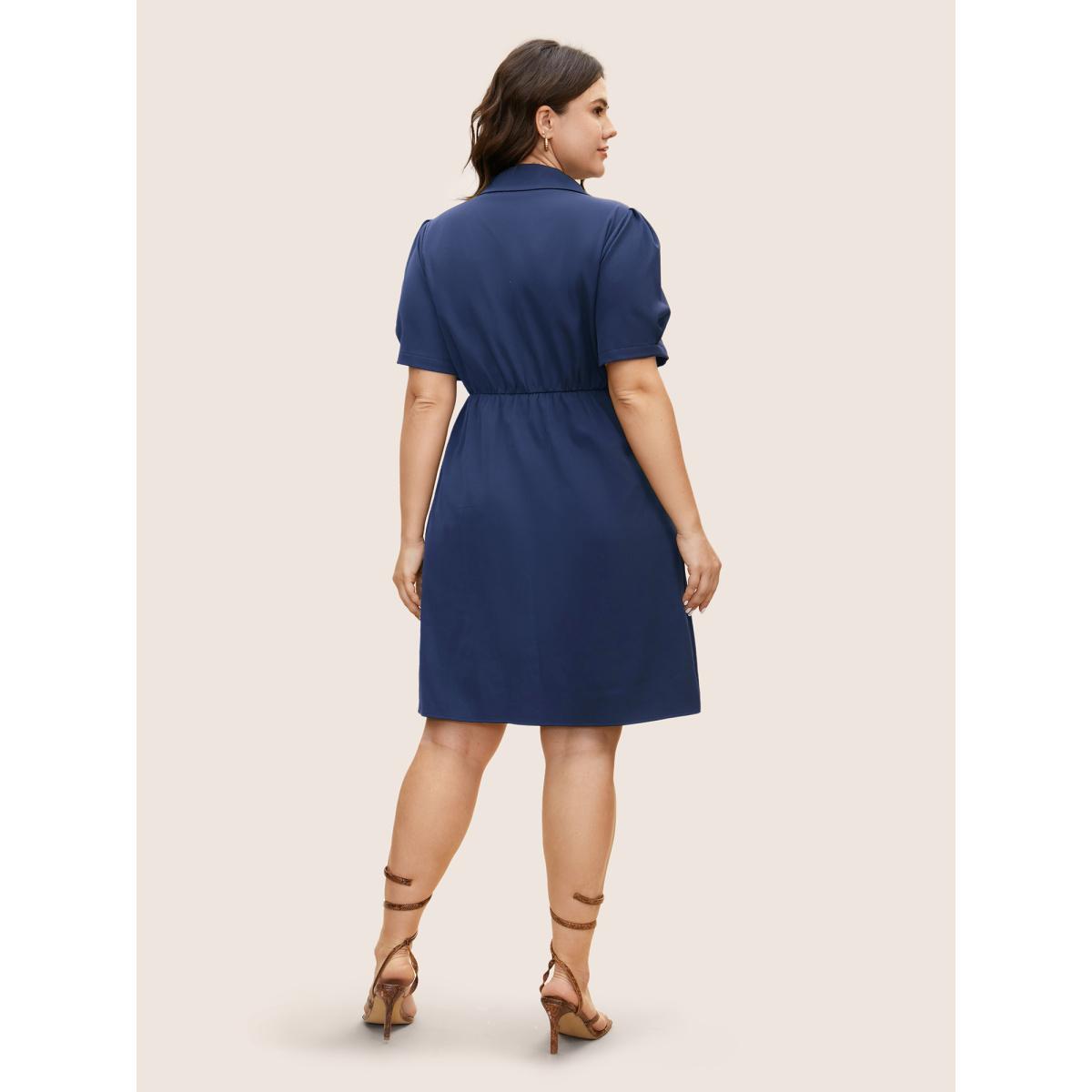 Plus Size Suit Collar Metal Detail Lantern Sleeve Dress Mediumblue Women Workwear Essentials Button Suit Collar Sleeveless Curvy BloomChic 26/4X Product Image