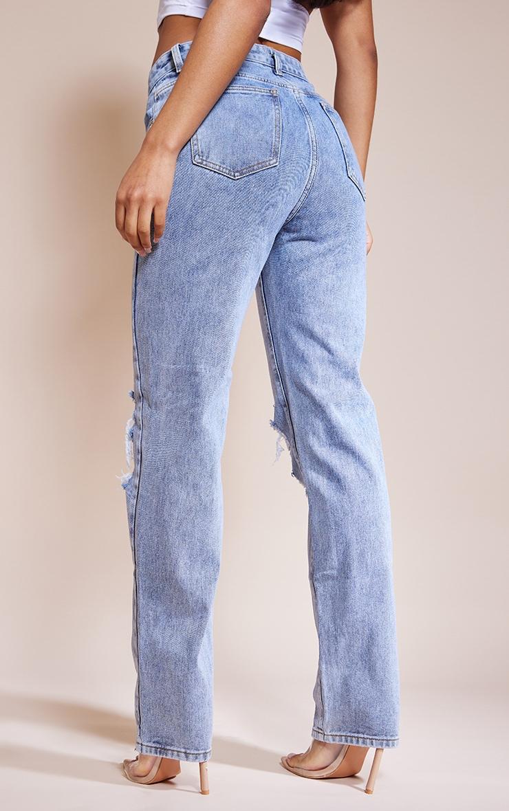Mid Blue Vintage Wash Ripped Straight Leg Jeans Product Image