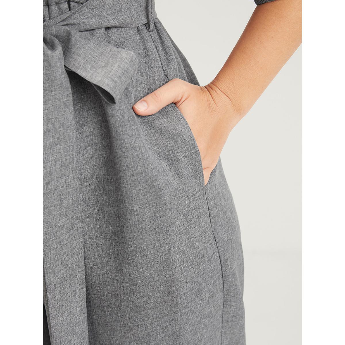 Plus Size DimGray Plain Fake Button Pocket Puff Sleeve Square Neck Belted Jumpsuit Women Office Half Sleeve Square Neck Work Loose Jumpsuits BloomChic 28/5X Product Image