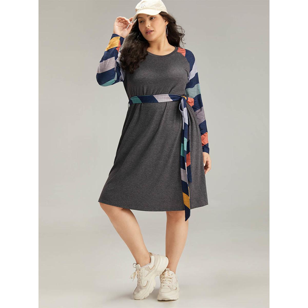 Plus Size Striped Pocket Raglan Sleeve Belted Dress DimGray Women Casual Belted Round Neck Long Sleeve Curvy Knee Dress BloomChic 14-16/1X Product Image