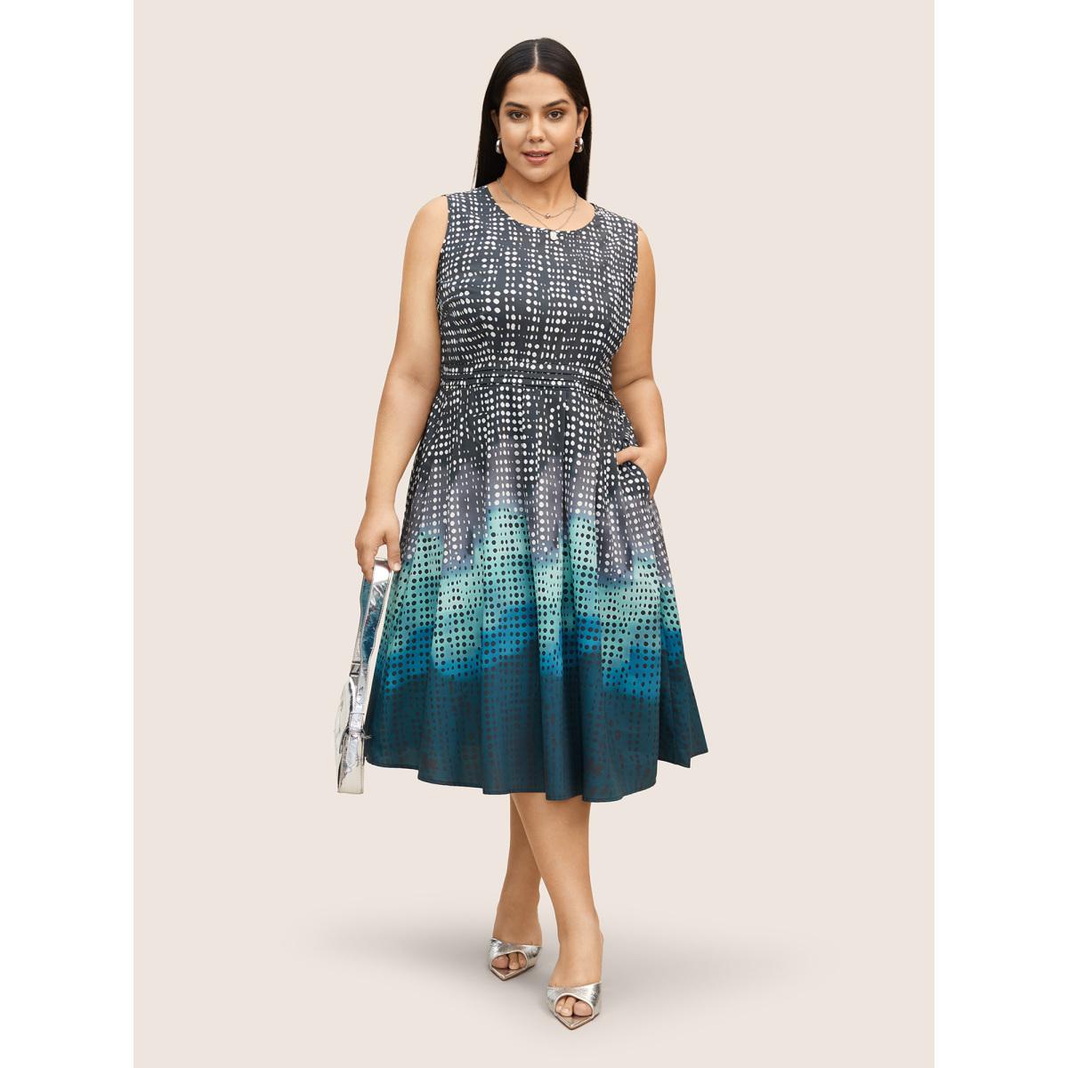 Plus Size Polka Dot Ombre Pleated Pocket Tank Dress Teal Women At the Office Non Round Neck Sleeveless Curvy BloomChic 18-20/2X Product Image