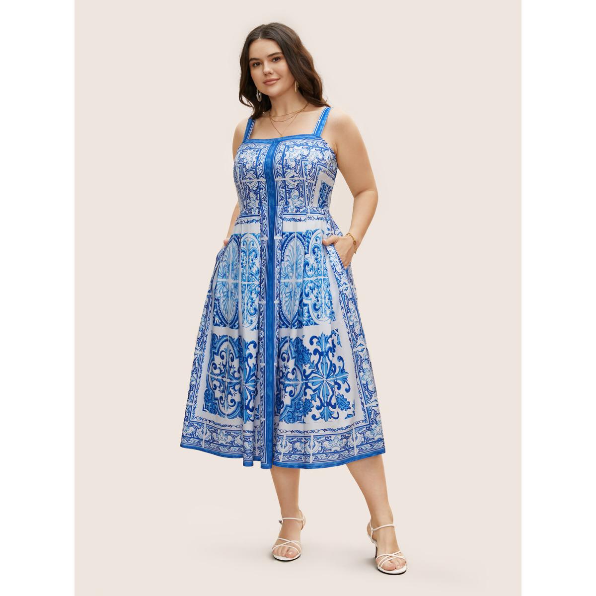 Plus Size Boho Print Square Neck Plicated Detail Midi Dress Mediumblue Women Elegant Pleated Square Neck Sleeveless Curvy BloomChic 12/L Product Image