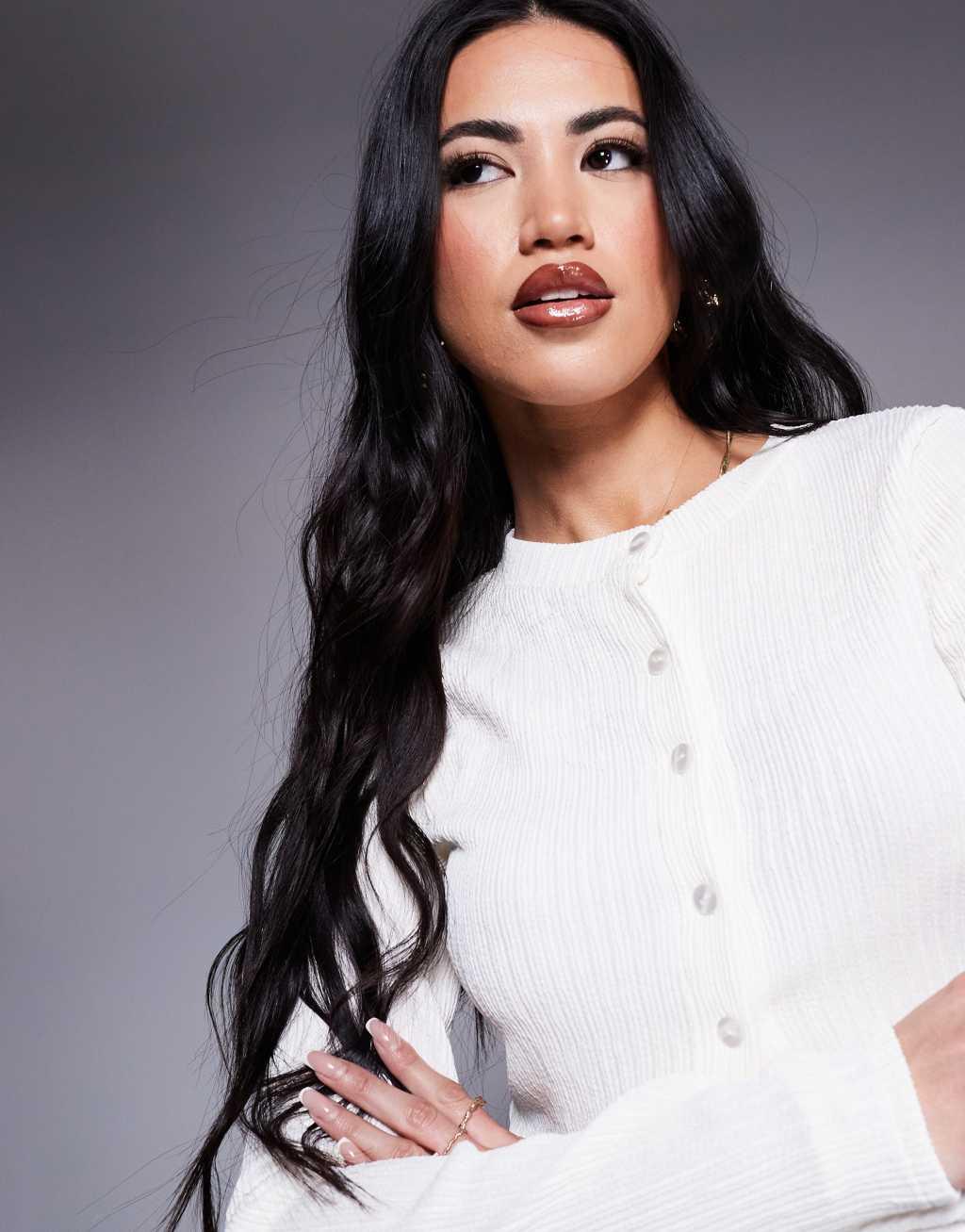 ASOS DESIGN button up long sleeve cardi in crinkle white Product Image