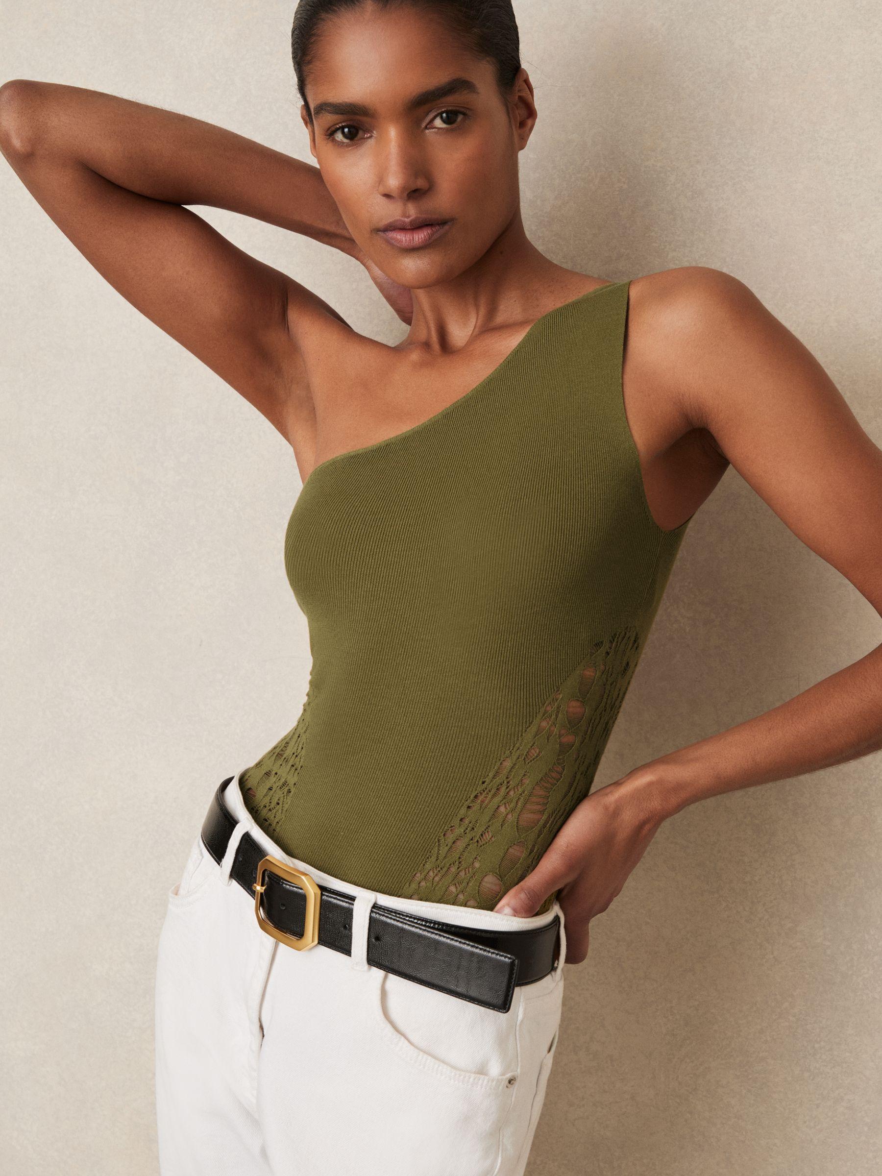 Lace-Knit Detail One-Shoulder Bodysuit in Green Product Image