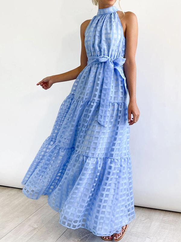 Loose Sleeveless Plaid Ribbed Stand Collar Maxi Dresses Product Image