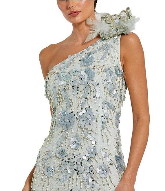 Mac Duggal Embellished Mesh One Shoulder Neck Sleeve 3D Flower Detail Gown Product Image