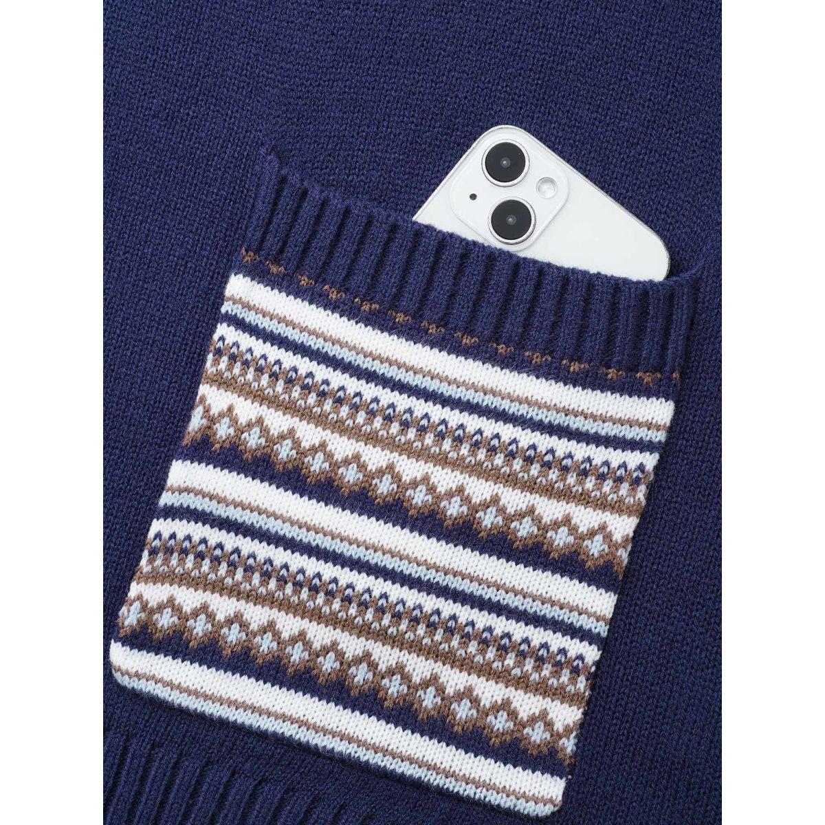 Plus Size Striped Jacquard Patched Pocket Pullover Indigo Women Casual Loose Long Sleeve V-neck Everyday Pullovers BloomChic 12/L Product Image